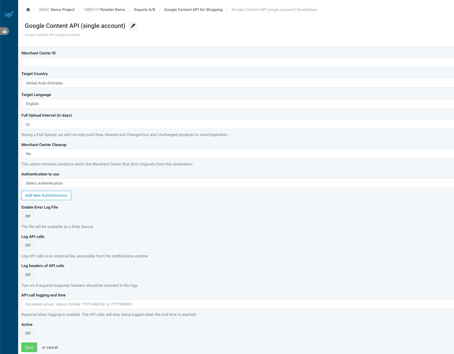 Individual config fields shown to end-users on the export destination page in the ProductsUp platform