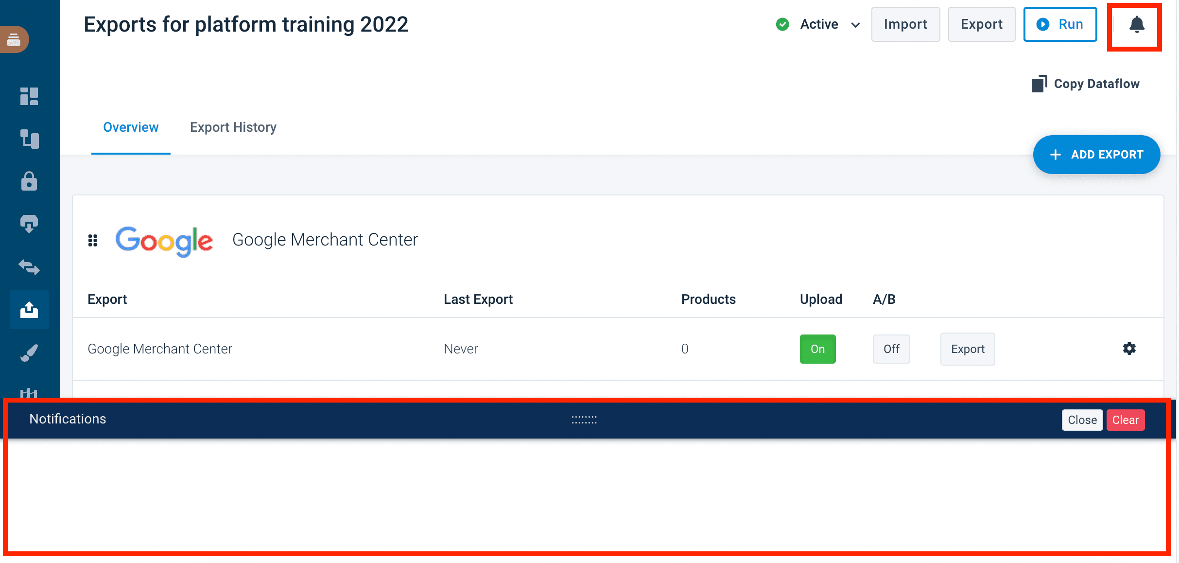 Notification panel in the ProductsUp platform — end-users see connector messages here