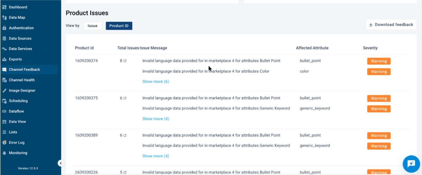 Channel Feedback Detail page — View by product, showing every issue affecting a single item