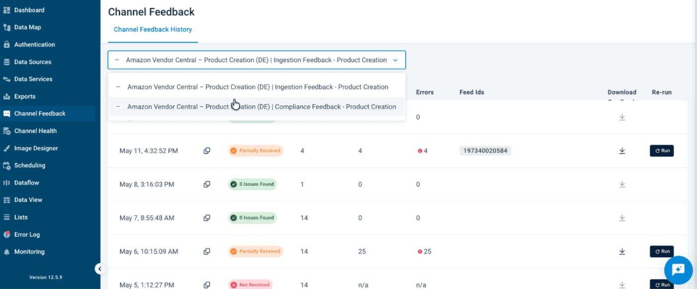 Channel Feedback History page showing a list of exports with feedback status, products exported, total issues, errors, and download options