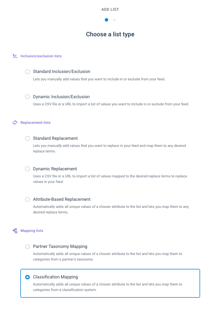 ADD LIST screen with Classification Mapping selected