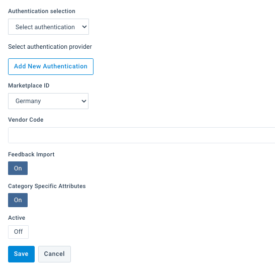 Destination settings panel showing authentication, Marketplace ID set to Germany, Vendor Code field, Feedback Import toggled on, and Category Specific Attributes toggled on
