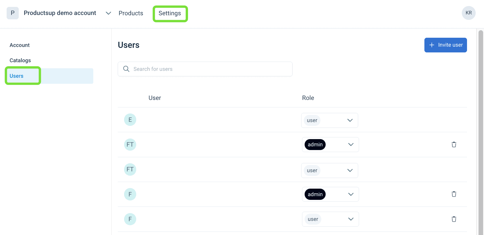 Users list in Account settings in Content Portal