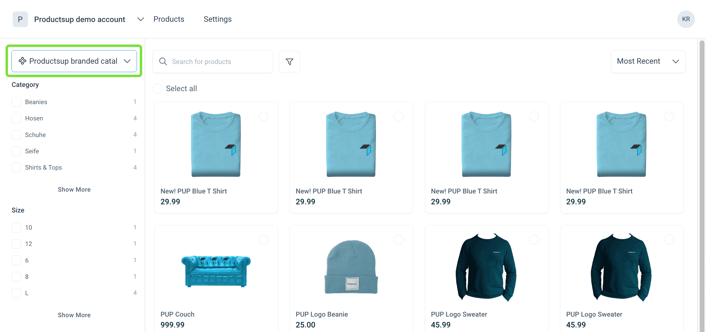 Catalog dropdown on the Products page