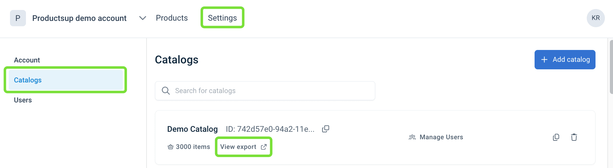 View export link from a catalog in Content Portal