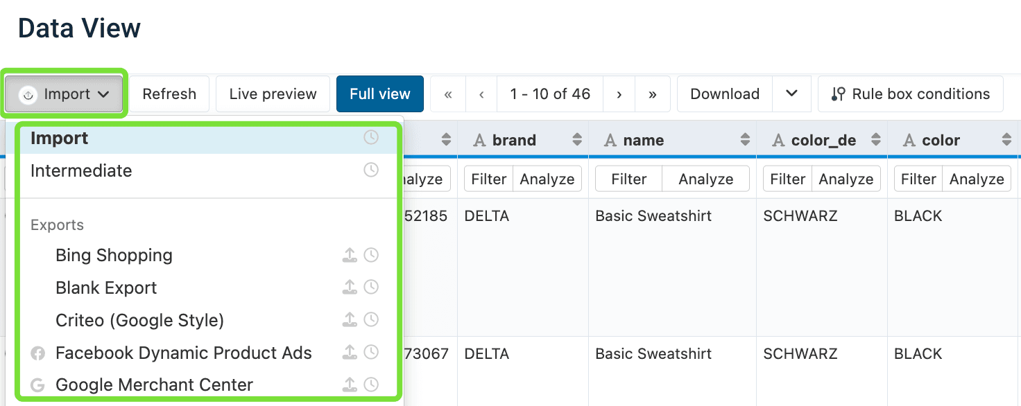 Stage and Export selector in Data View
