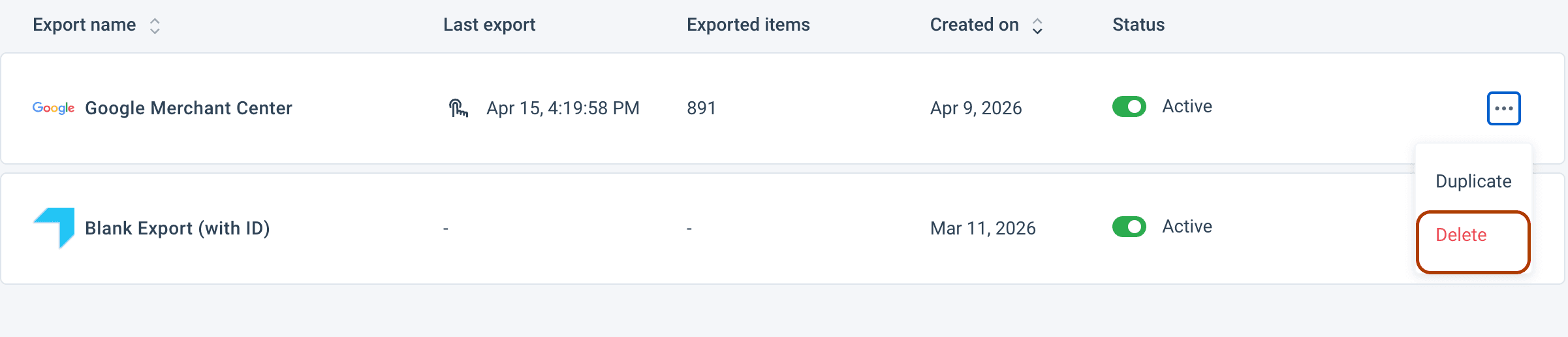 Delete option in the export actions menu