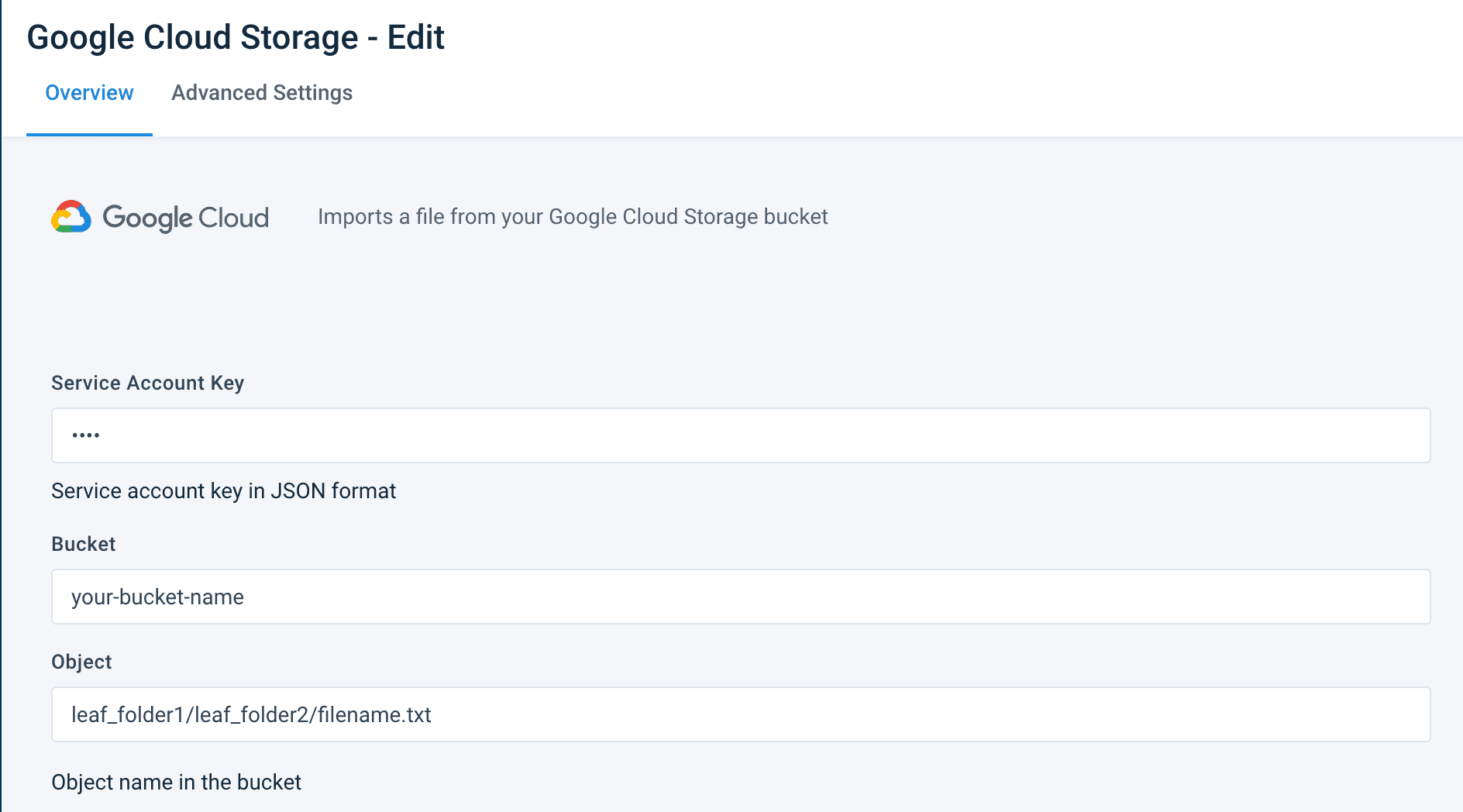 Google Cloud Storage data source configuration showing Bucket and Object fields