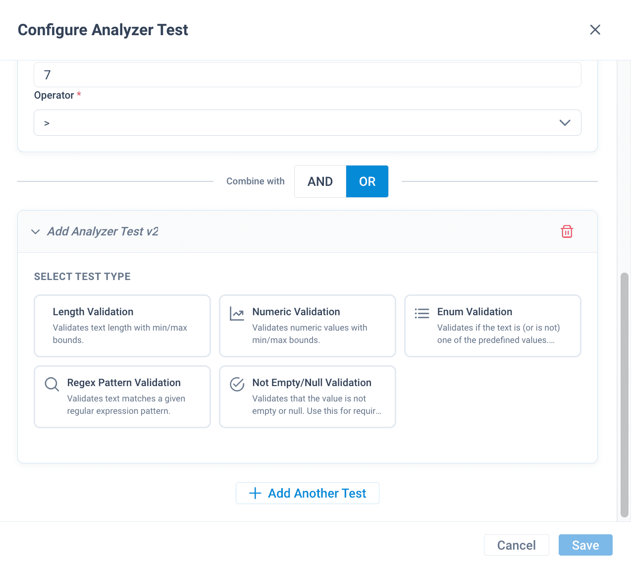 Combination operator in the Configure Analyzer Test pop-up