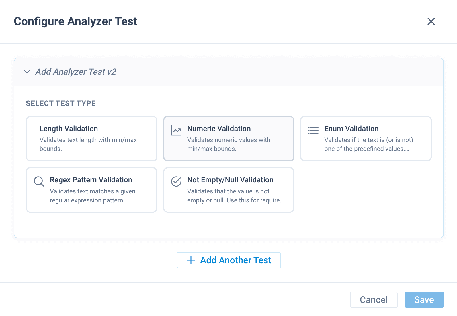 Analyzer test types un the Configure Analyzer Test pop-up