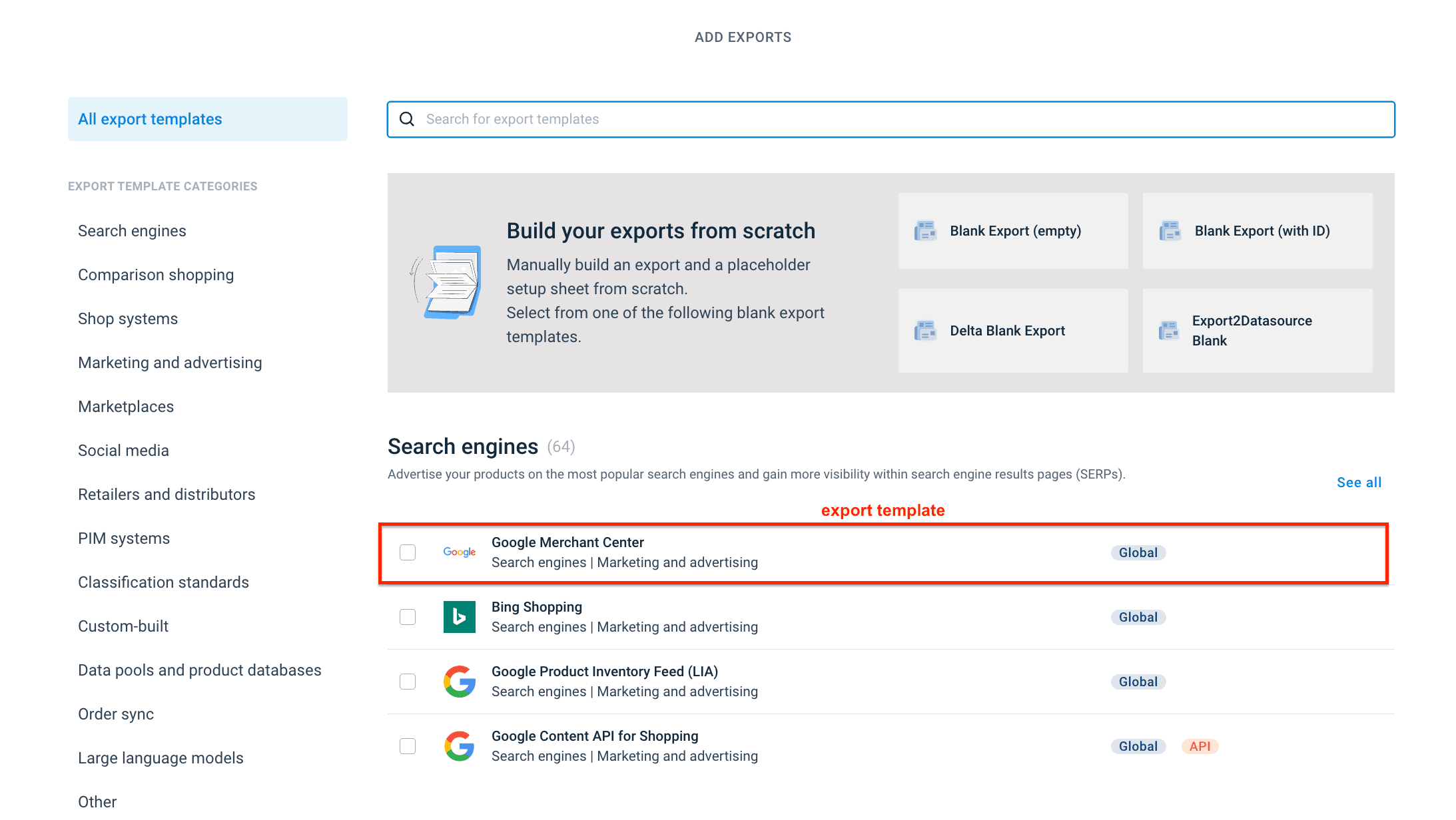 Search export template page