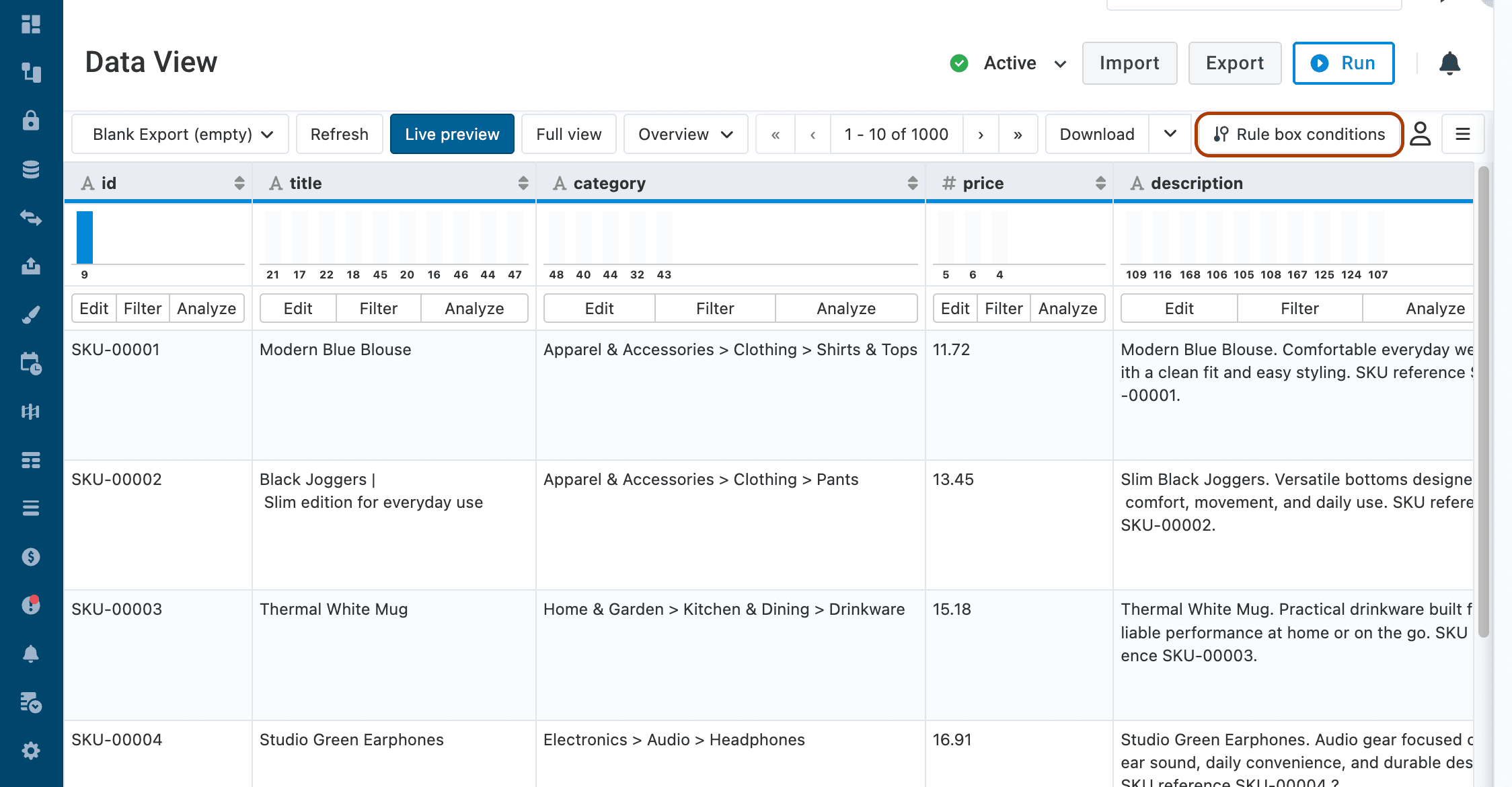 Rule box conditions button in the Data View top ribbon