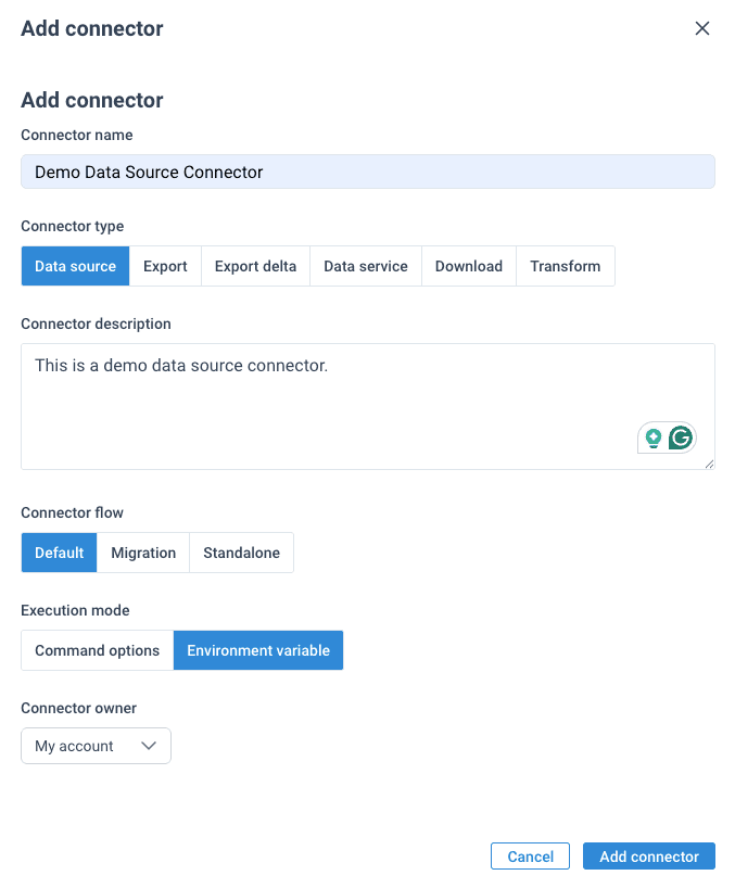 Add connector dialog with fields filled in