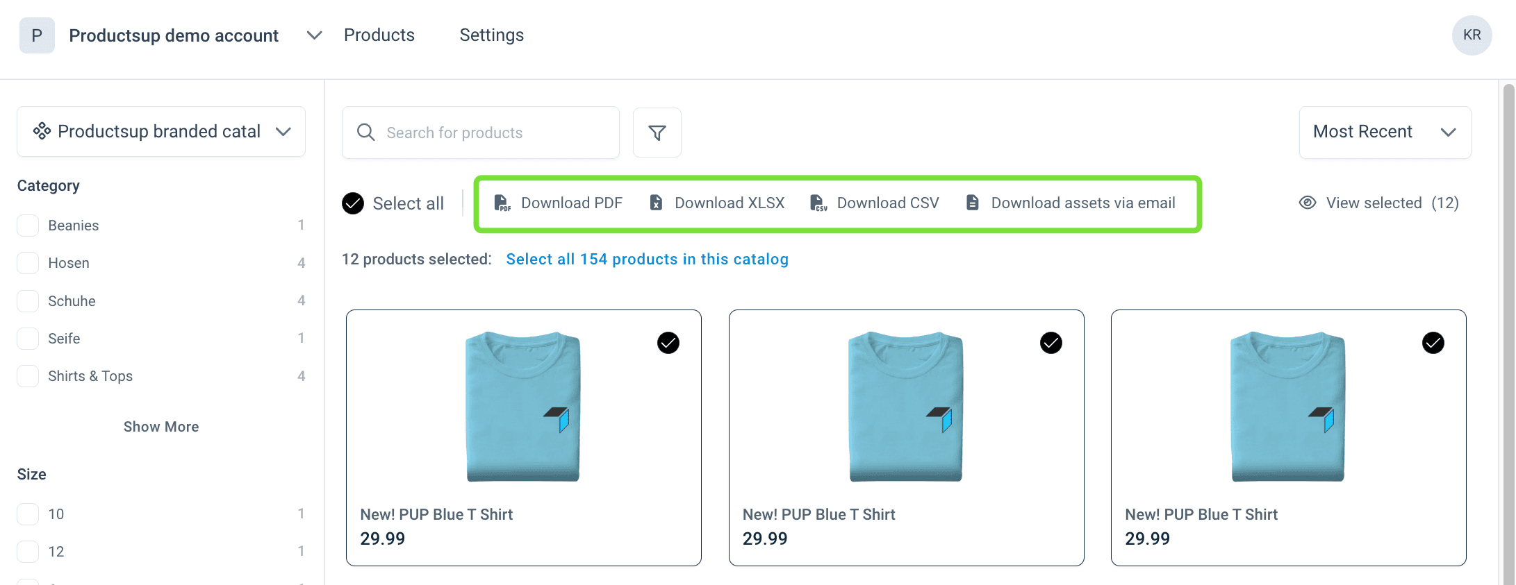 Download options on the Products catalog page in Content Portal