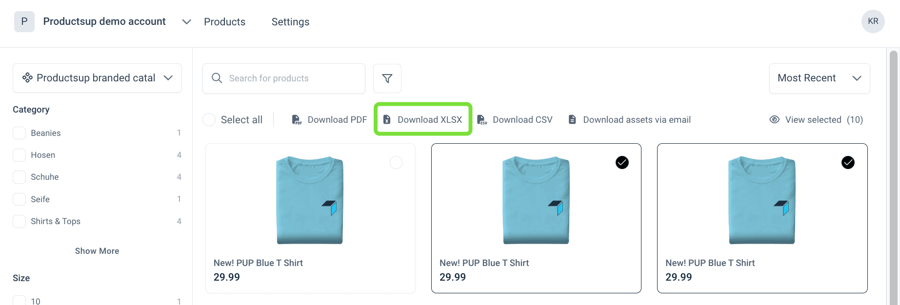 Download XLSX on the Products catalog page in Content Portal