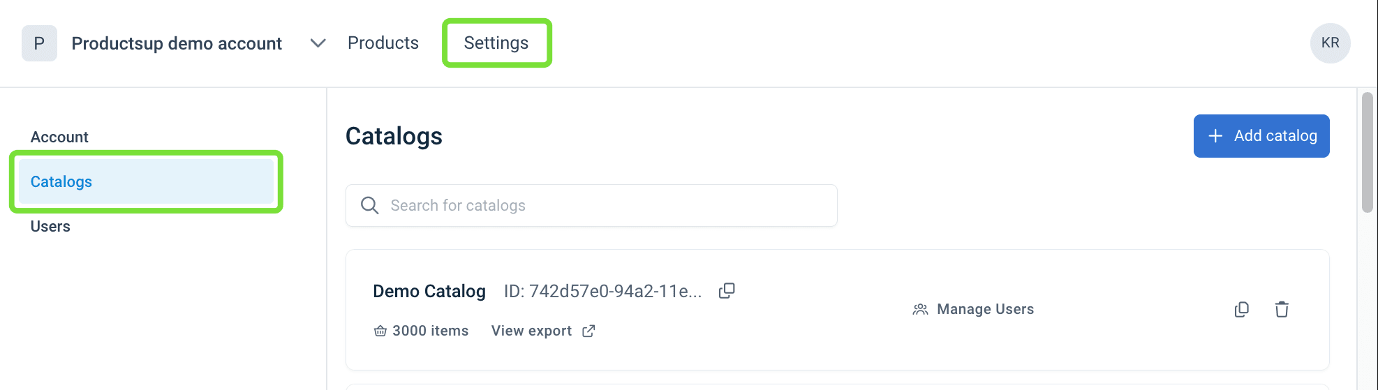 Settings and Catalogs section in Content Portal