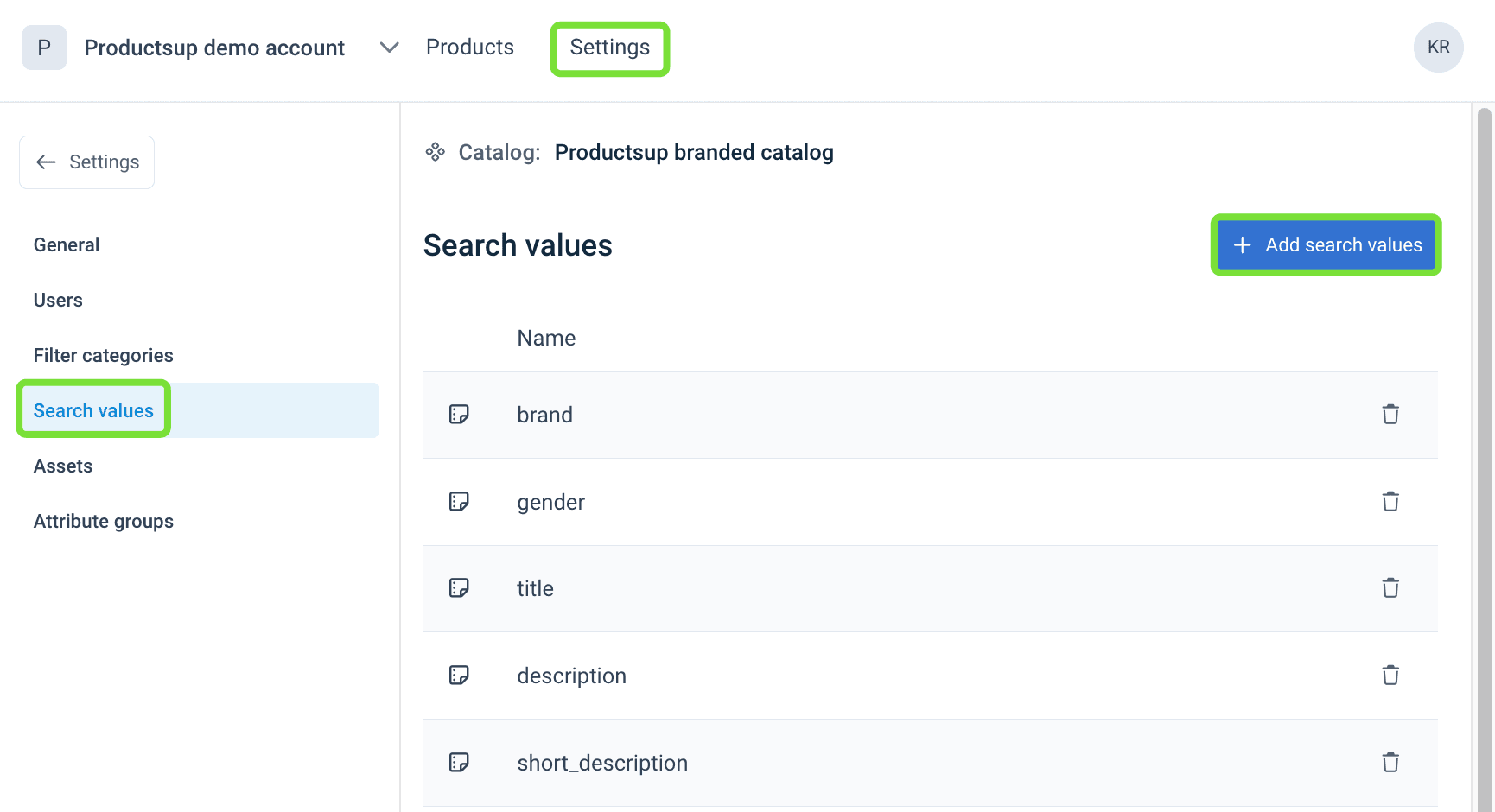 Search values in catalog settings in Content Portal