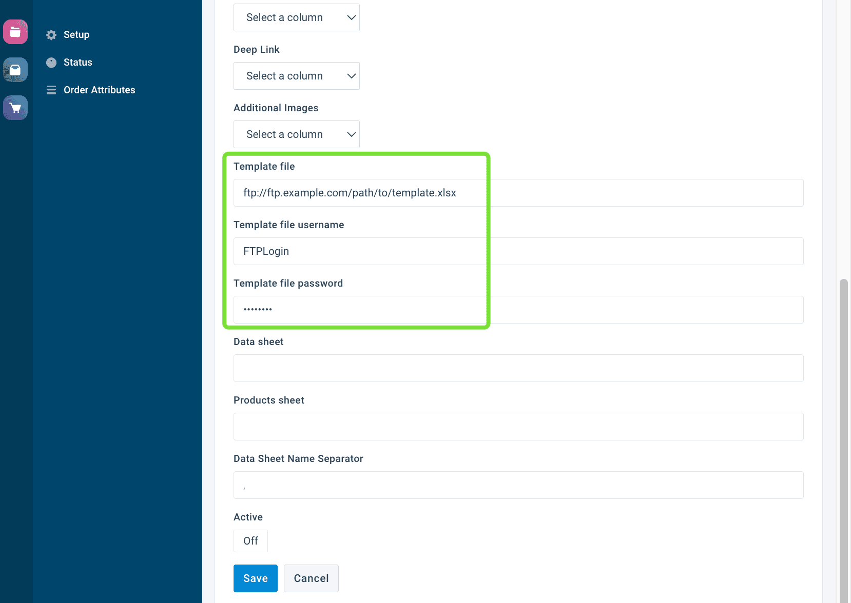 Template file fields in Destination settings in the Platform