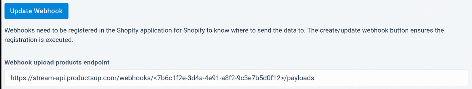 Update Webhook button and Webhook upload products endpoint field