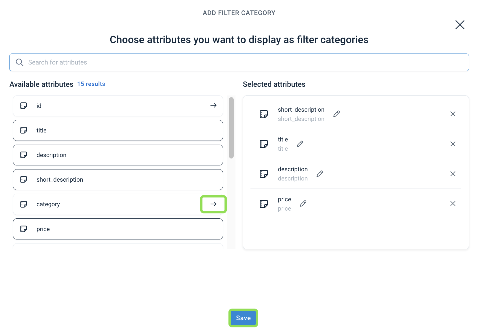 Available attributes for filter categories
