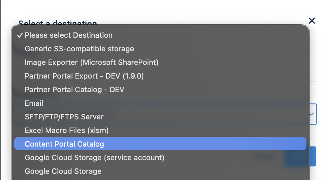 Content Portal Catalog destination selection dropdown in Productsup Platform