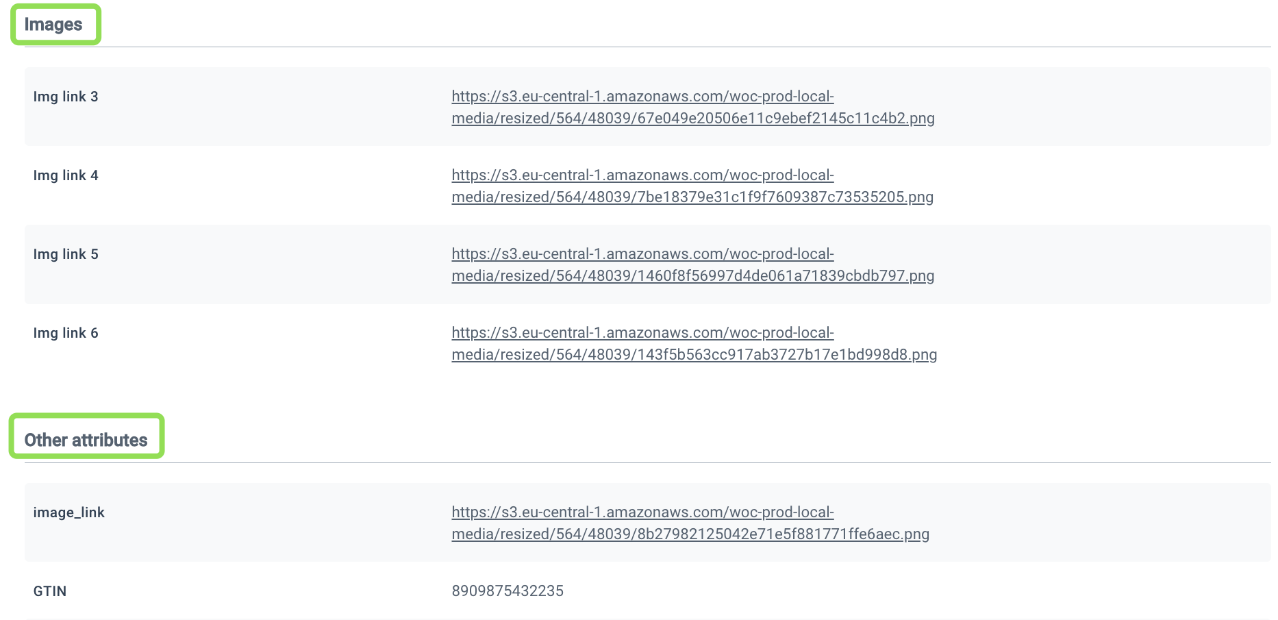 Attribute groups on the product details page